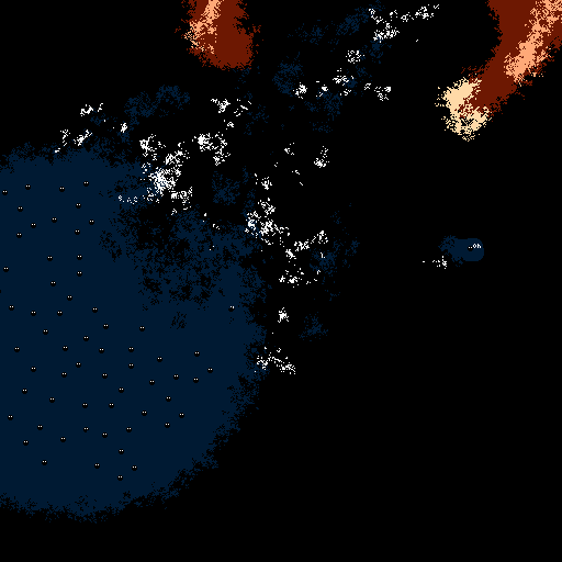 An open area of small blobs is being ripped apart and vacuumed. There is a moving in force of the red from the previous, and it is taking the white. There is a small pocket of mostly untouched vacuum with a single blob.